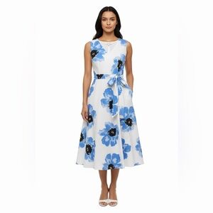 Anne Klein Blue White Floral Sleeveless Midi Dress Women’s Small Textured Print